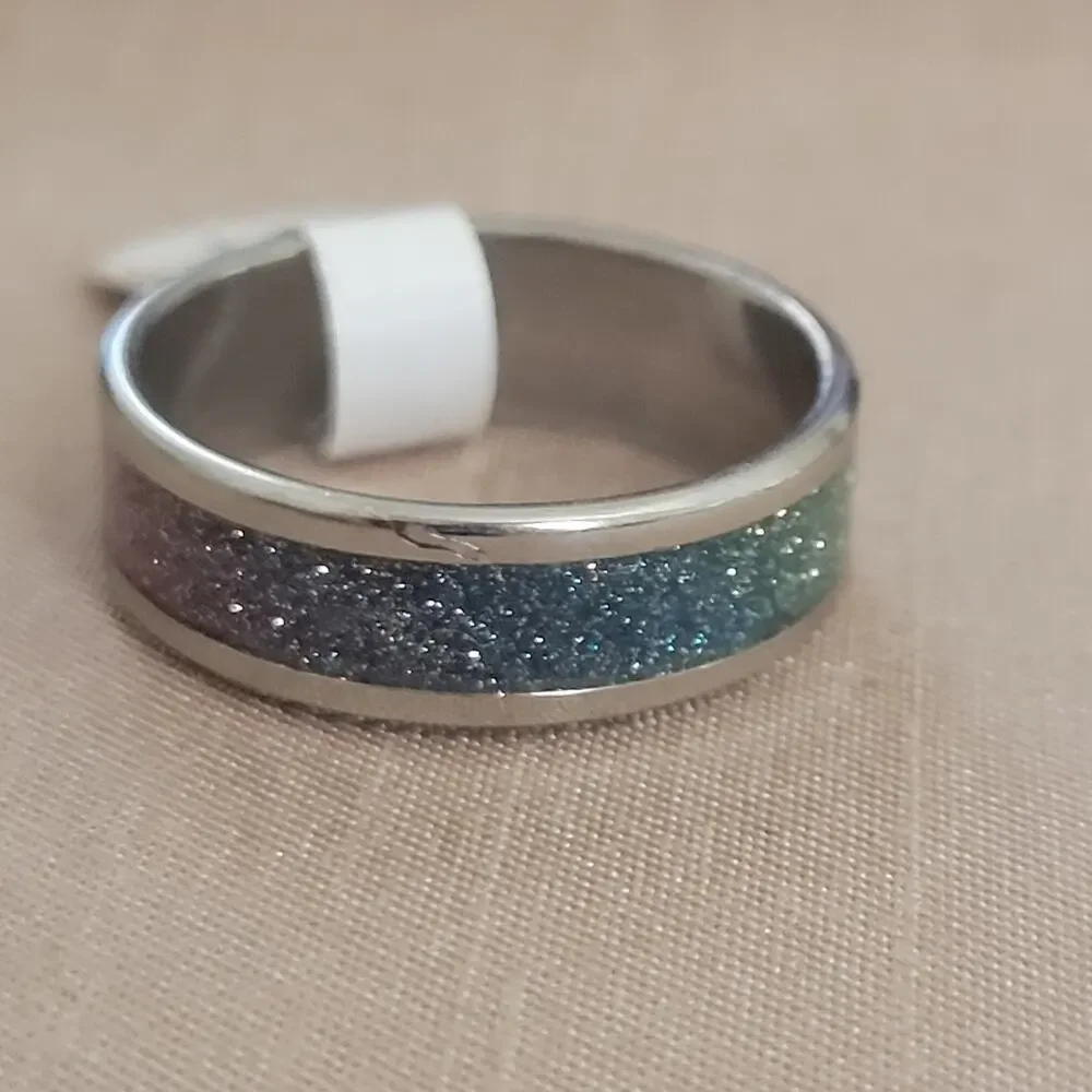 Size 9.5 (19mm) Rainbow Glitter Stainless Steel silver ring